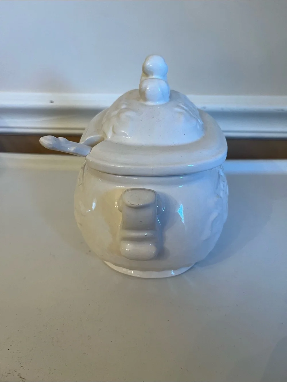 Vintage White Ceramic Soup Tureen Embossed Daisy Pattern With Ladle Japan